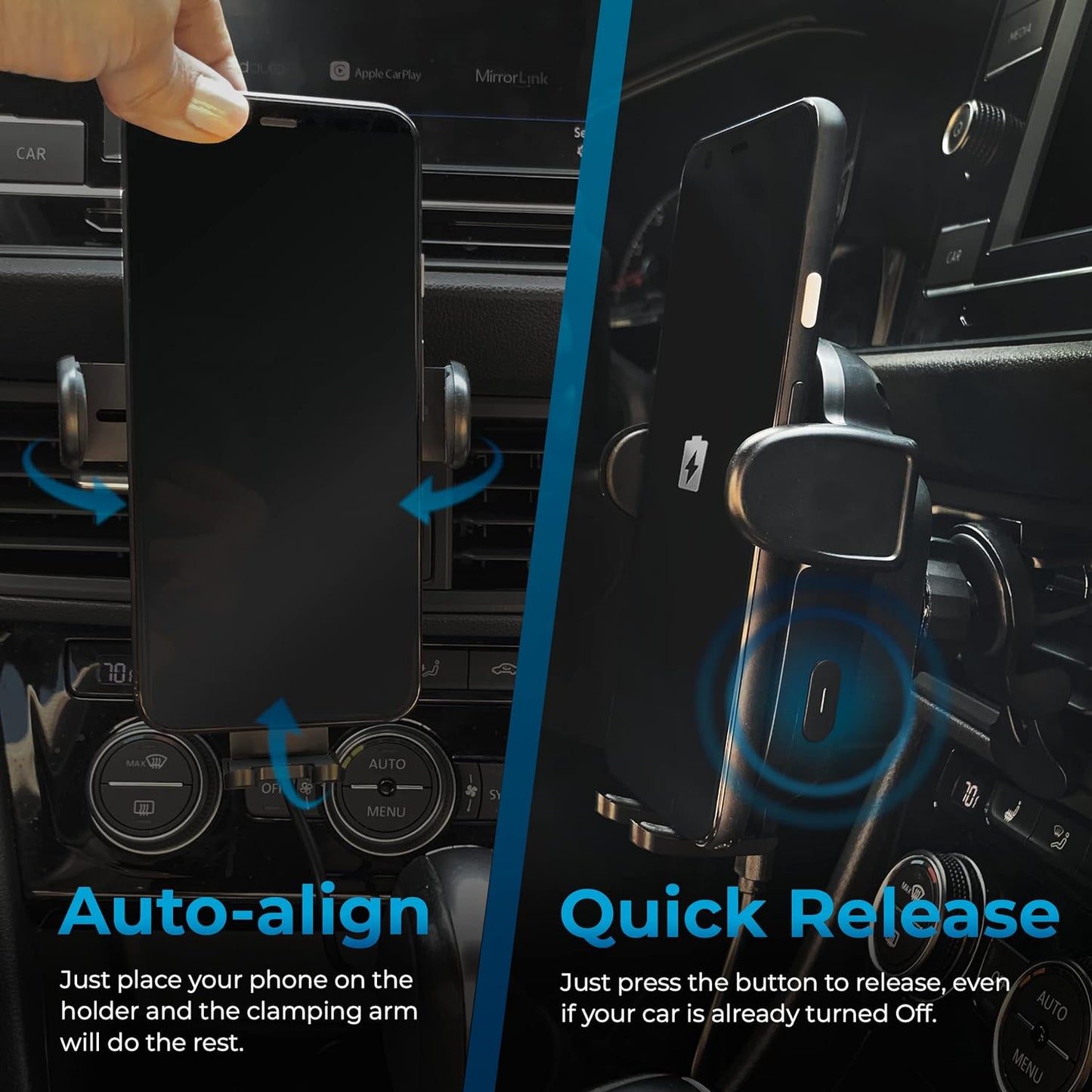 AutoSky Wireless Cellphone Car Charger, New Electronic Smartphone Car Phone Holder Charger, 360 Air Vent Adjustable, Auto-Clamping, Wireless Car Charger Mount for iPhone 15/14/13/12/11/Pro Max/Samsung Phones Charging Device Mobile AWC-101