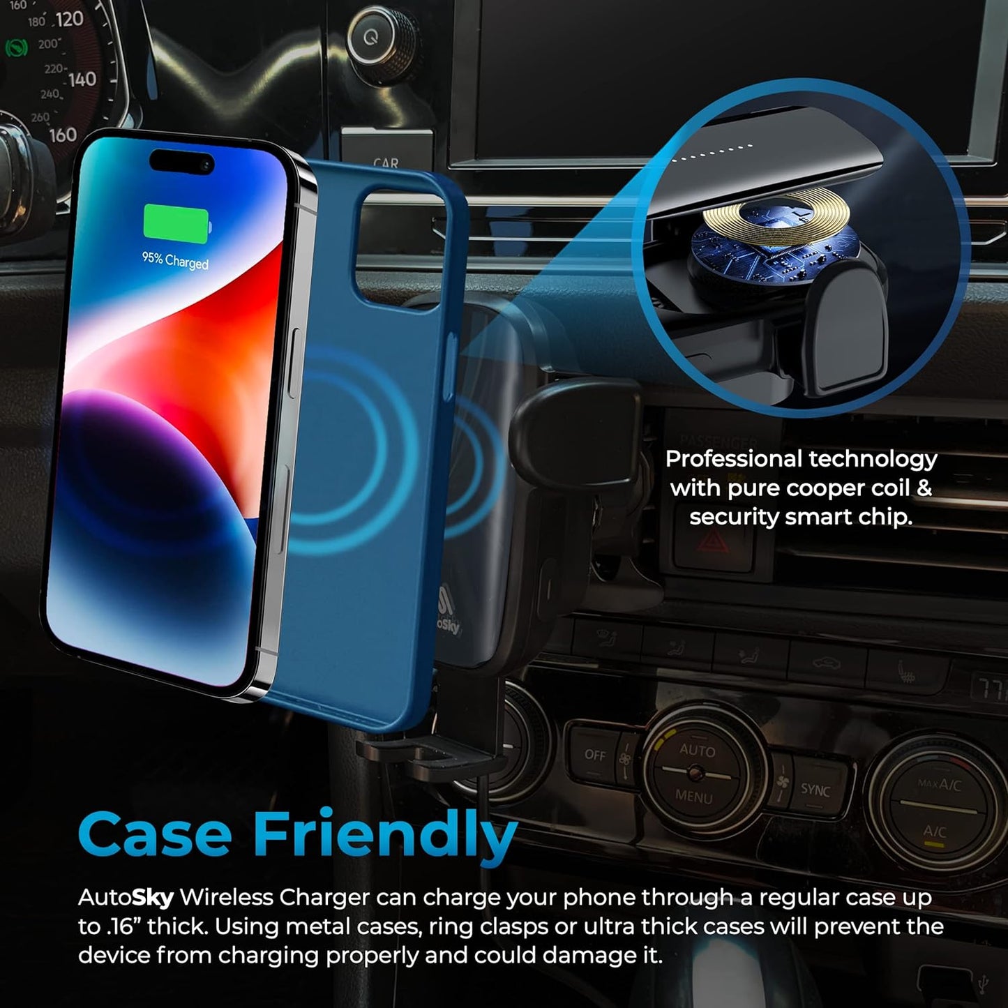 AutoSky Wireless Cellphone Car Charger, New Electronic Smartphone Car Phone Holder Charger, 360 Air Vent Adjustable, Auto-Clamping, Wireless Car Charger Mount for iPhone 15/14/13/12/11/Pro Max/Samsung Phones Charging Device Mobile AWC-101