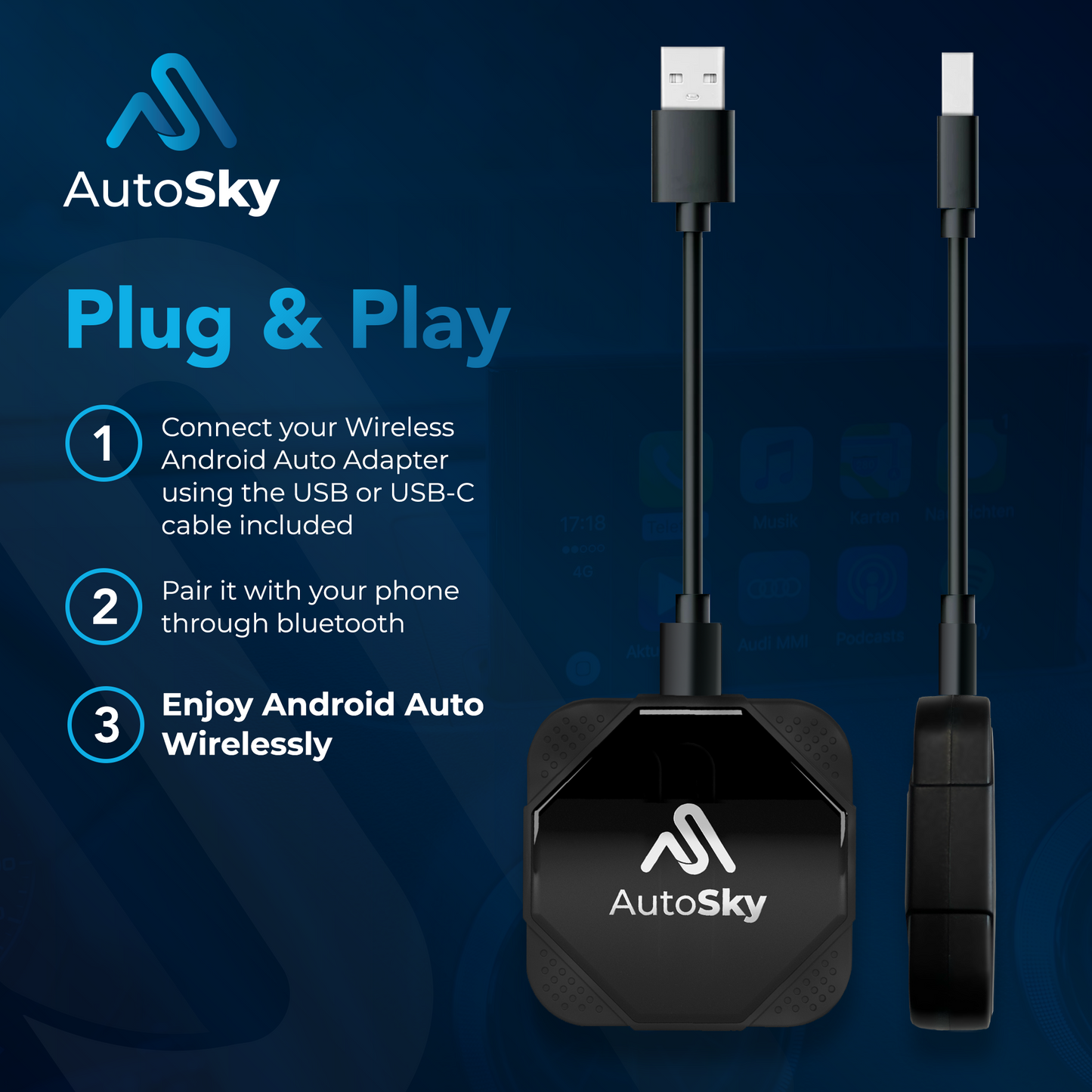 AutoSky Wireless Android Auto Car Adapter