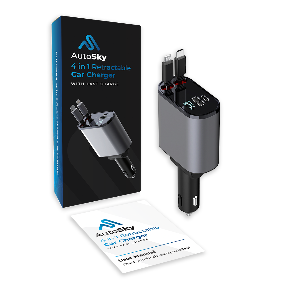 AutoSky 4 in 1 Retractable Car Charger with Fast Charge - USB-C & Lightning cable plus a USB-C and USB-A port