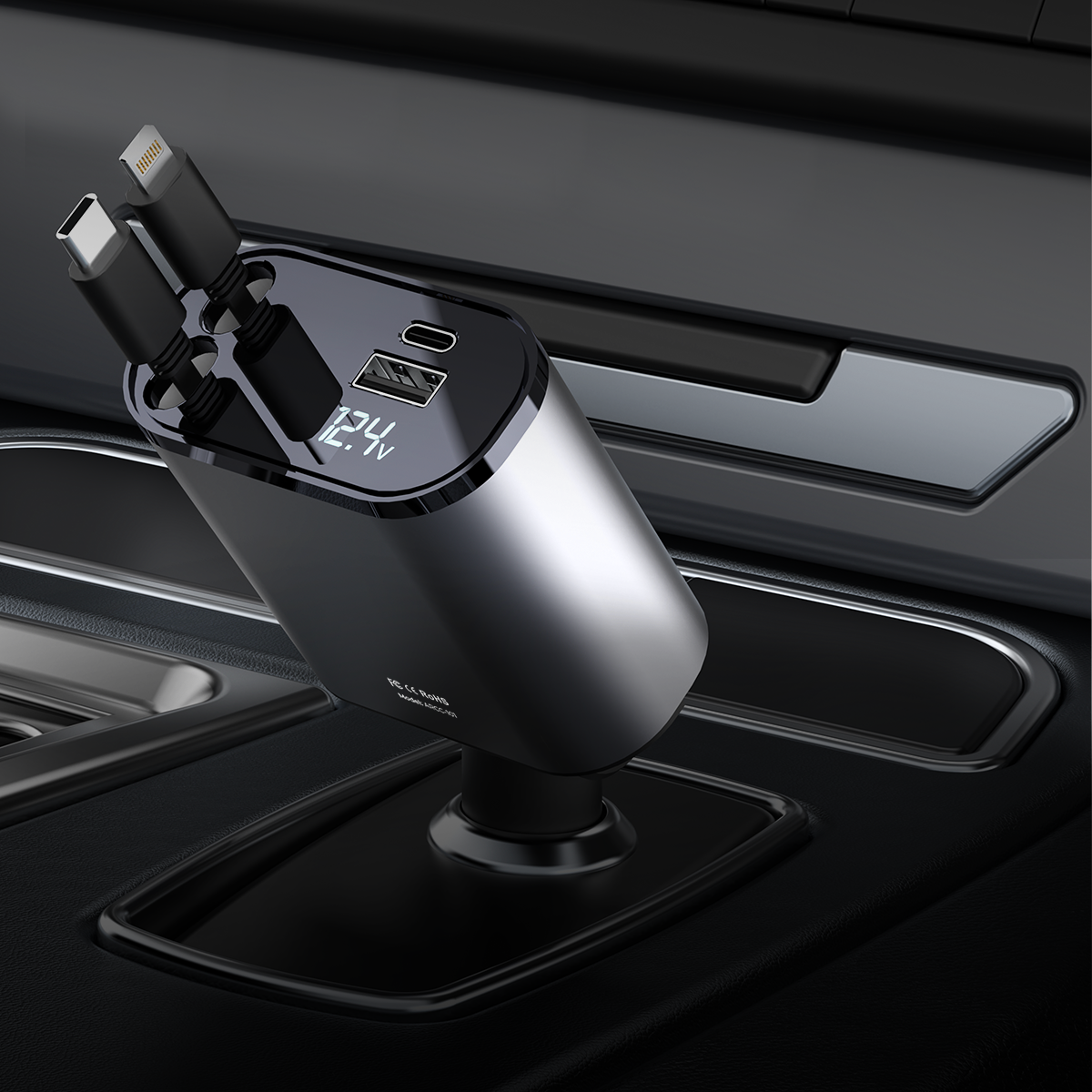 AutoSky 4 in 1 Retractable Car Charger with Fast Charge - USB-C & Lightning cable plus a USB-C and USB-A port