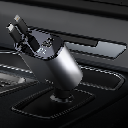 AutoSky 4 in 1 Retractable Car Charger with Fast Charge - USB-C & Lightning cable plus a USB-C and USB-A port