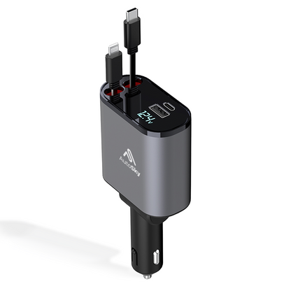 AutoSky 4 in 1 Retractable Car Charger with Fast Charge - USB-C & Lightning cable plus a USB-C and USB-A port