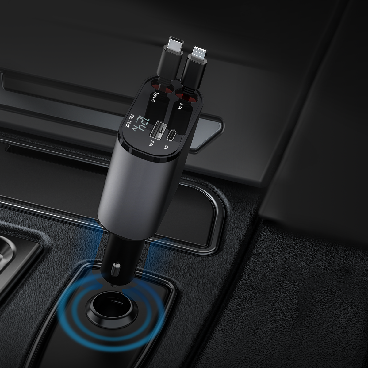 AutoSky 4 in 1 Retractable Car Charger with Fast Charge - USB-C & Lightning cable plus a USB-C and USB-A port