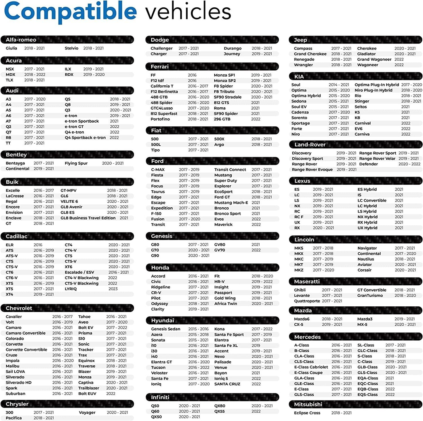 600 Compatible vehicles list AutoSky Wireless CarPlay Adapter Pro