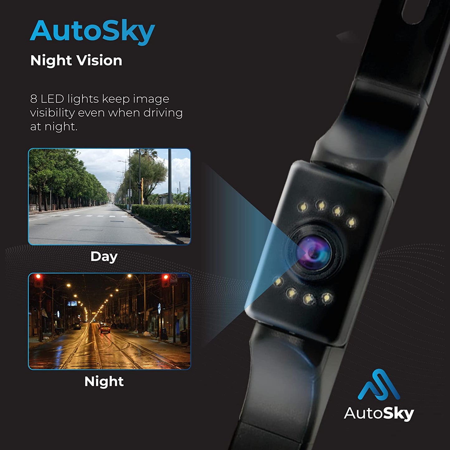 night vision AutoSky Newest HD Back up Camera, 8 LED License Plate Reverse Camera